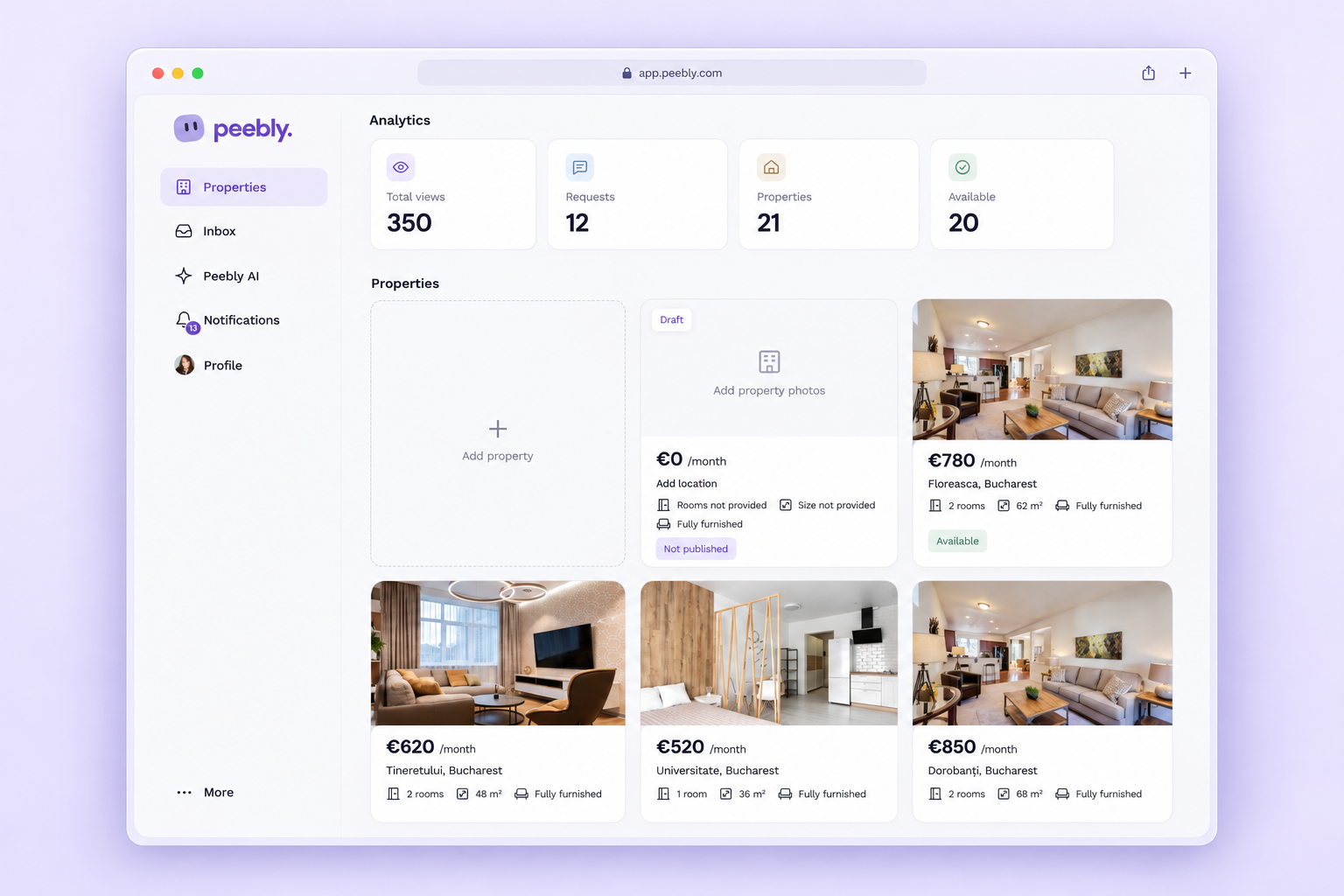 Peebly landlord desktop dashboard with analytics, Add property, drafts and listings