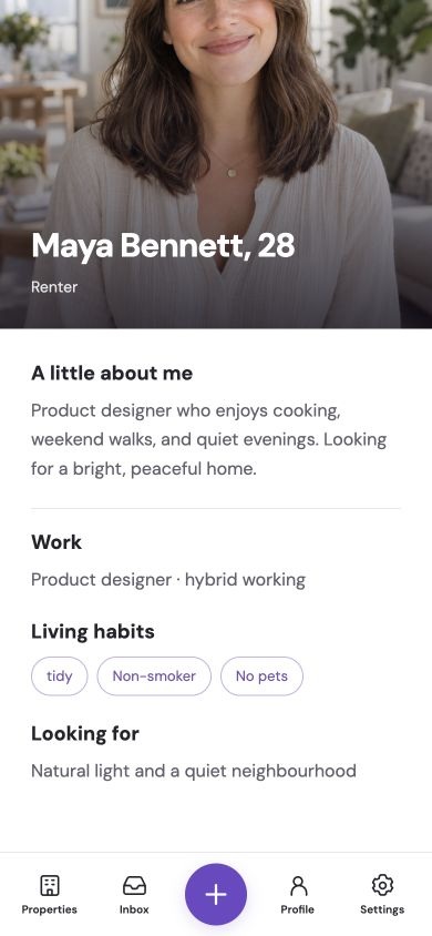Maya's landlord-facing profile, scrolled to About me, Work, and Living habits